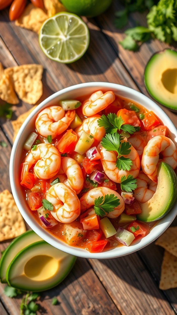 A bowl of zesty shrimp ceviche with tomatoes, cucumber, cilantro, and avocado on a wooden table.